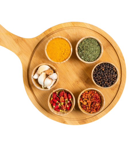 small-bowls-spices-wooden-board